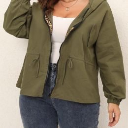 Women's Plus Size Drawstring Waist Zipper Front Hooded Jacket; Spring Fall Long Sleeve Jacket (Color: Army Green)