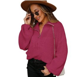 Half-Zip Balloon Sleeve Knit Pullover Sweater (Color: Rose)