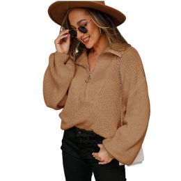 Half-Zip Balloon Sleeve Knit Pullover Sweater (Color: brown)