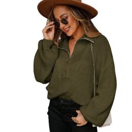 Half-Zip Balloon Sleeve Knit Pullover Sweater (Color: Army Green)