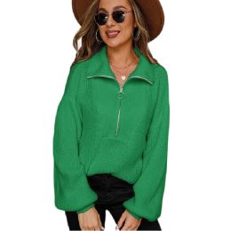 Half-Zip Balloon Sleeve Knit Pullover Sweater (Color: Green)