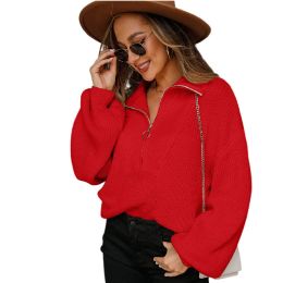 Half-Zip Balloon Sleeve Knit Pullover Sweater (Color: Red)