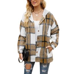 Women's Flannel Plaid Jacket Button Down Shirts Hooded Coats Shacket (Color: Red)