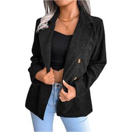 Corduroy Jacket Casual Blazer Open Front Jacket (Color: BLACK)