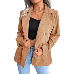 Corduroy Jacket Casual Blazer Open Front Jacket (Color: brown)