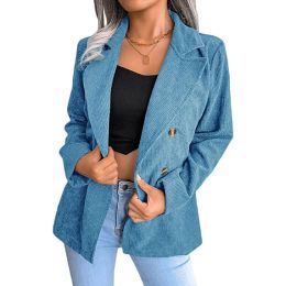 Corduroy Jacket Casual Blazer Open Front Jacket (Color: Blue)