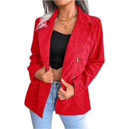 Corduroy Jacket Casual Blazer Open Front Jacket (Color: Red)