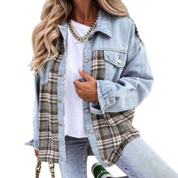 Women Check Contrast Loose Denim Jacket (Color: Blue)