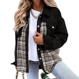 Women Check Contrast Loose Denim Jacket (Color: BLACK)