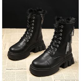 Women Snow Boots Beige Plush Warm Fur Causal Boots Shoes Sneakers Ankle Booties Platform Thick Sole Lace Up Winter Shoes998 (Color: BLACK)