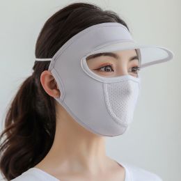 Women Thin Breathable Ice Silk Sunscreen Long Neck Full Face Mask Summer UV Protection Beach Beauty Sun Hat (Color: grey)