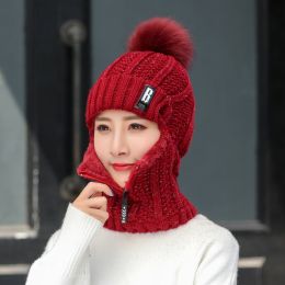 Coral Fleece Women Knitted Hats Add Fur Warm Winter Hats for Women with Zipper Scarf Keep Face Warmer Balaclava Pompoms Cap (Color: wine red)