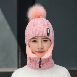 Coral Fleece Women Knitted Hats Add Fur Warm Winter Hats for Women with Zipper Scarf Keep Face Warmer Balaclava Pompoms Cap (Color: Pink)