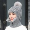 Coral Fleece Women Knitted Hats Add Fur Warm Winter Hats for Women with Zipper Scarf Keep Face Warmer Balaclava Pompoms Cap