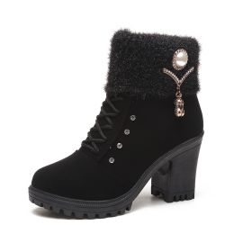 gh7 High Heel Winter Shoes Women Winter Boots Fashion Women's High Heel Boots Plush Warm Fur Shoes Ladies Brand Ankle Boots (Color: BLACK)