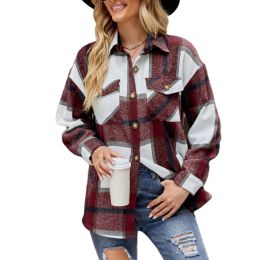 Womens Long Sleeve Plaid Shirts Flannel Lapel Button Down Shacket Jacket Coats (Color: Red)