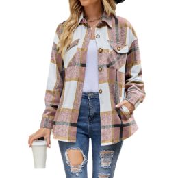 Womens Long Sleeve Plaid Shirts Flannel Lapel Button Down Shacket Jacket Coats (Color: Pink)