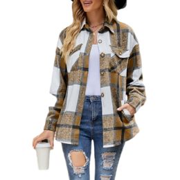 Womens Long Sleeve Plaid Shirts Flannel Lapel Button Down Shacket Jacket Coats (Color: brown)