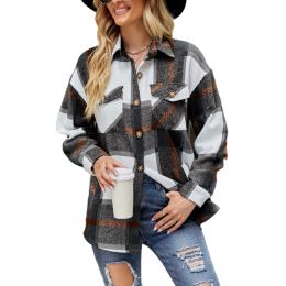 Womens Long Sleeve Plaid Shirts Flannel Lapel Button Down Shacket Jacket Coats (Color: BLACK)